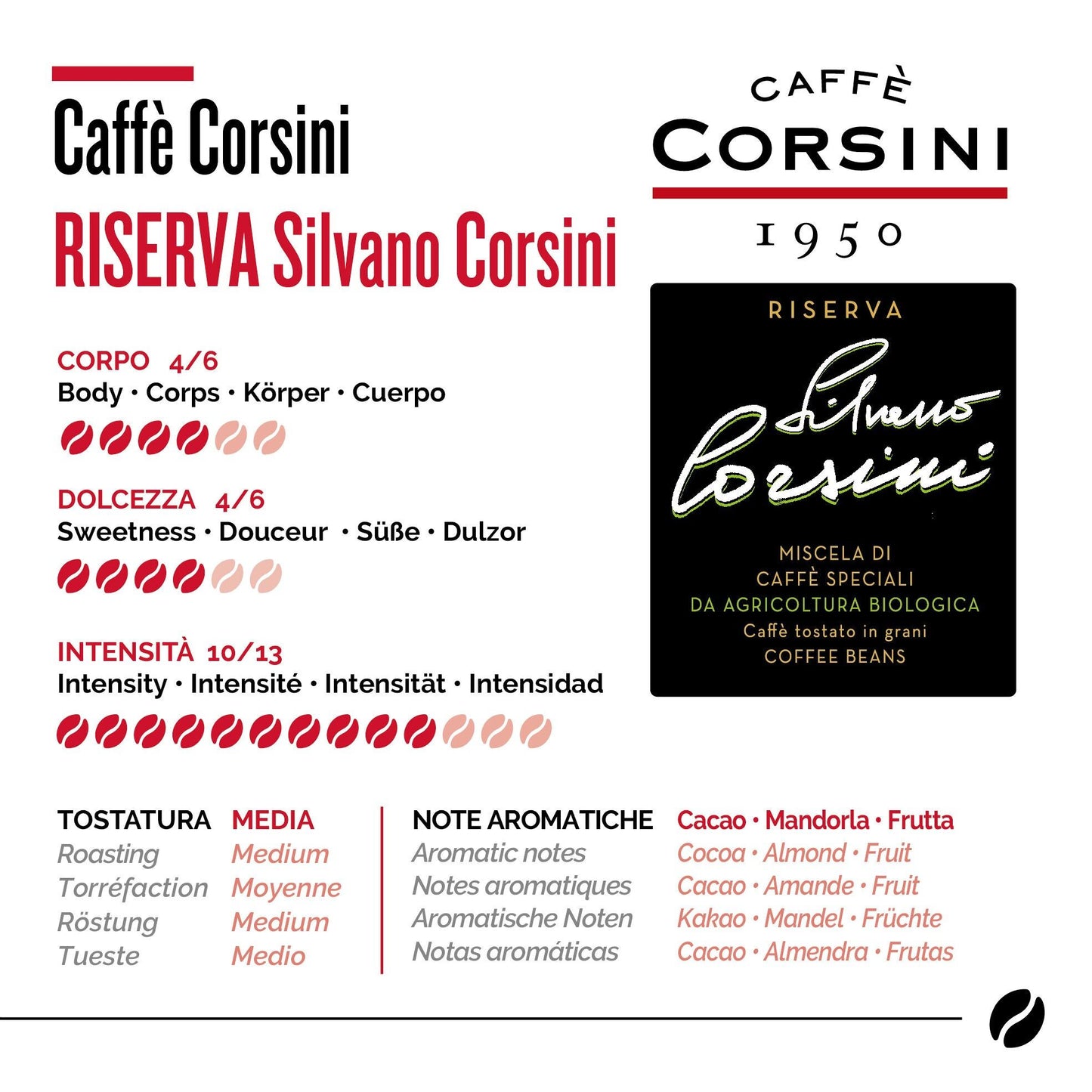 Corsini Riserva Silvano Corsini Bio 250g - café en grain, paquet de dos