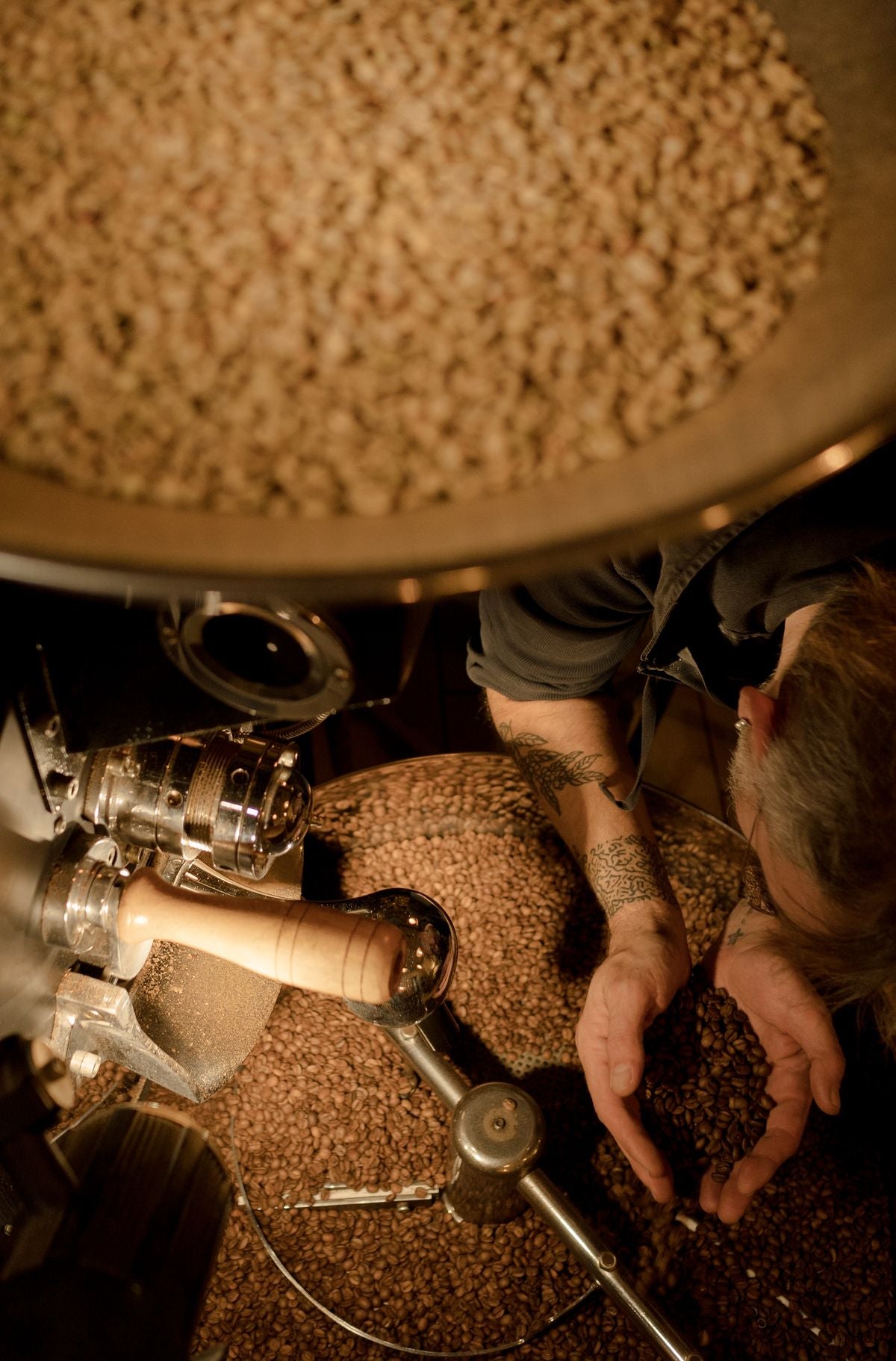 Barista versant des grains de café dans un moulin professionnel.